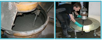Left: Self-compacting concrete in the mixer.
Right: Measuring the slump flow of SCC after determination of rheological parameters by the 4C-Rheometer.
