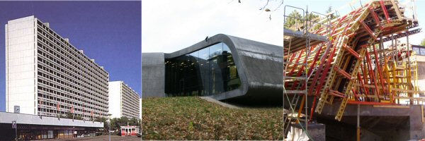 Left: Dominating geometry of today`s urban landscape. Centre: A prestige unique concrete structure. Right: Handmade formwork for producing the unique concrete structure shown at the centre photo