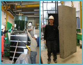 Left: Casting of large concrete block at the DTI laboratory.
Right: Martin with the first concrete block.