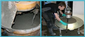 Left: Self-compacting concrete in the mixer.
Right: Measuring the slump flow of SCC after determination of rheological parameters by the 4C-Rheometer.