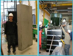 Left: Casting of large concrete block at the DTI laboratory.
Right: Martin with the first concrete block.
