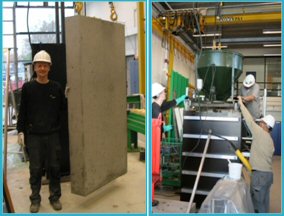 Left: Casting of large concrete block at the DTI laboratory.
Right: Martin with the first concrete block.
