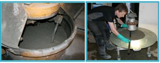 Left: Self-compacting concrete in the mixer.
Right: Measuring the slump flow of SCC after determination of rheological parameters by the 4C-Rheometer.