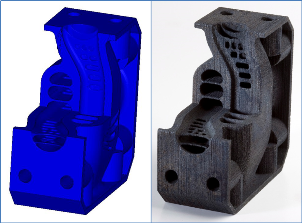 Figur der viser det samme emne som 3D CAD fil (venstre) og printet emne (højre).