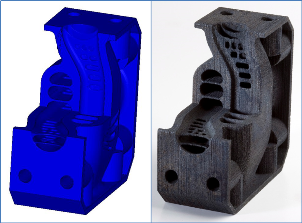 Figur der viser det samme emne som 3D CAD fil (venstre) og printet emne (hjre).