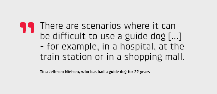 There are scenarios where it can be difficult to use a guide dog [...] for example, in a hospital, at the train station or in a shopping mall, says Tina Jellesen Nielsen, who has had a guide dog for 22 years.