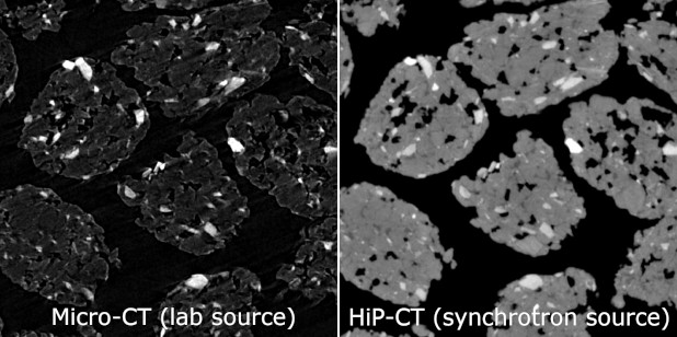 Sammenligning af tvrsnit fra virtuelle pellets fra mikro-ct og HiP-CT