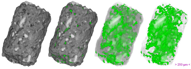 Kollage af 3D visualisering af porsitet i en pellet