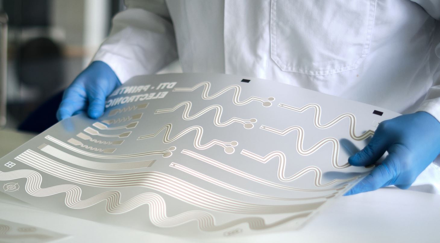 An image of printed tracks on a clear substrate