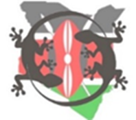 Logo med 2 gekkoer med kenyansk flag i baggrunden
