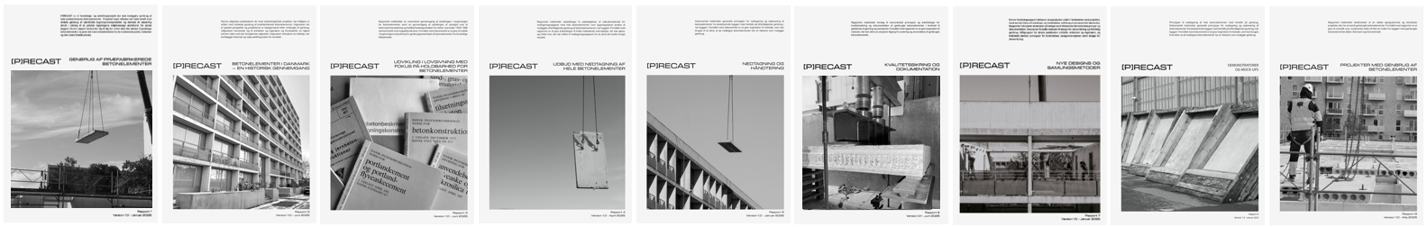 Billedet viser forsiderne på en rapportserie bestående af ni rapporter. På hver forside er der et stort billede, som viser et step i processen med genbrug af betonelementer