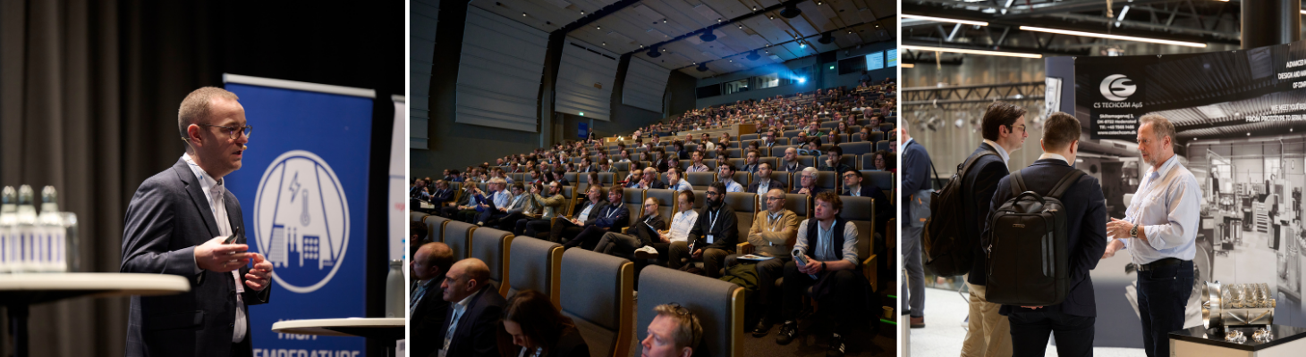 Banner med tre billeder fra HTHP Symposium 2026. På det ene billede er BEZ, det andet er publikum til symposiet, på det tredje er nogle deltagere og en af udstillerne