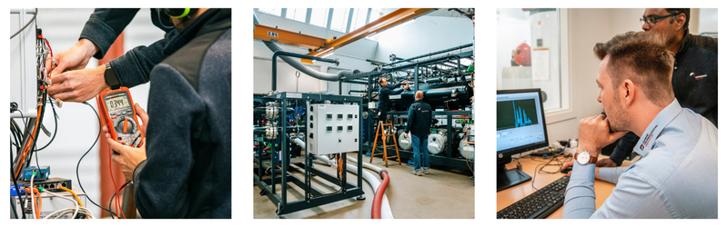 Banner med tre billeder der viser en tekniker måle på et åbent el-panel, et stort røranlæg i et testlaboratorium, samt to specialister der kigger på grafer på en computerskærm.