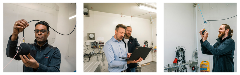 Banner med tre billeder der viser kalibrering af en målemikrofon, en tekniker under opstilling i testkammeret samt to specialister der analyserer testdata på en bærbar computer.