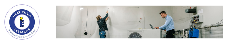 The picture shows the CEN Heat Pump KEYMARK logo and a test situation at the Heat Pump Test Laboratory at Danish Technological Institute