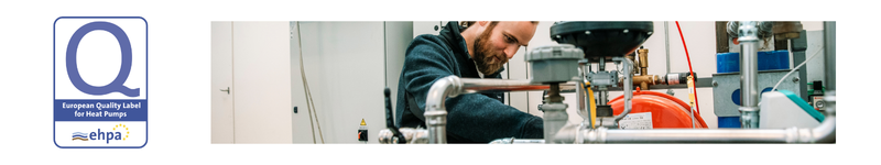 The picture shows the EHPA Quality Label logo and a test situation at the Heat Pump Test Laboratory at Danish Technological Institute