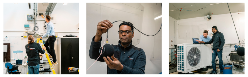 The three pictures show different test situations in the Heat Pump Test Laboratory at Danish Technological Institute