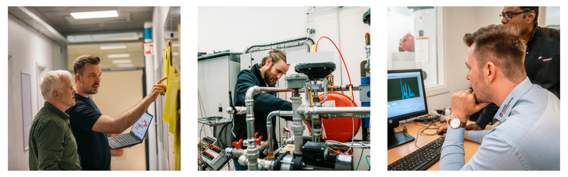 The three pictures show test engineers involved in different test situations in the Heat Pump Test Laboratory at Danish Technological Institute