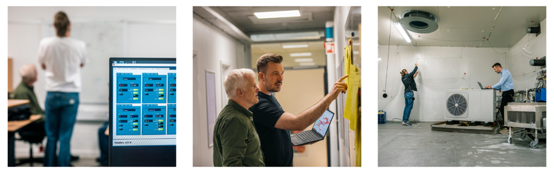 The three pictures show test engineers in different planning and testing situations in the Heat Pump Test Laboratory at Danish Technological Institute