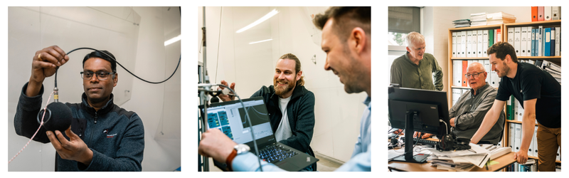 The three pictures show test engineers in different test situations in the Heat Pump Test Laboratory at Danish Technological Institute