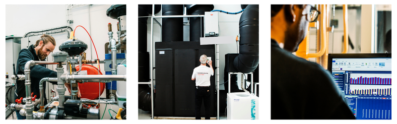 Tre billeder ved siden af hinanden: En mand der arbejder på et rørsystem med ventiler, en tekniker set bagfra ved et stort ventilationsanlæg, og en mand der overvåger måledata og søjlediagrammer på en computerskærm.