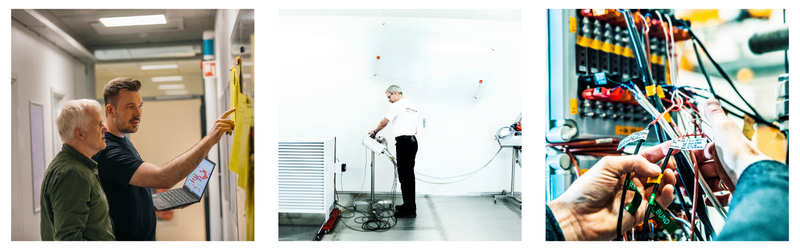 The three pictures show different testing situations in the Heat Pump Test Laboratory at Danish Technological Institute