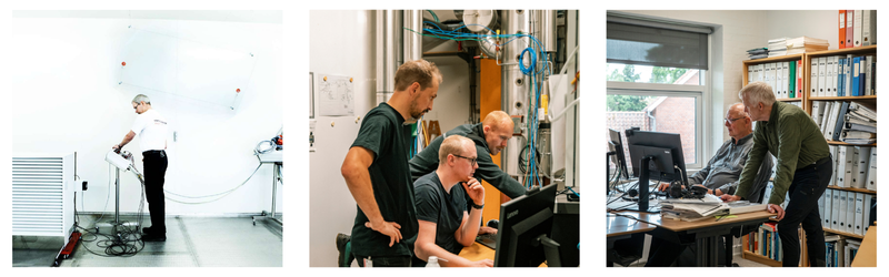 The three pictures show test engineers in different test and planning situations in the Heat Pump Test Laboratory at Danish Technological Institute