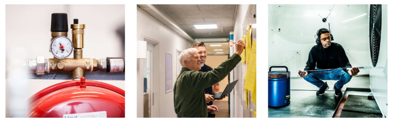 The three pictures show test engineers in different testing and planning situations in the Heat Pump Test Laboratory at Danish Technological Institute